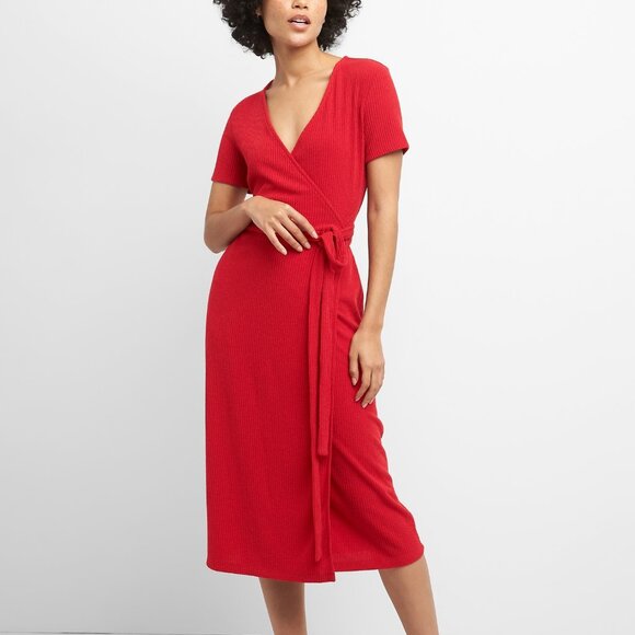 Gap Softspun Ribbed Midi Wrap Dress | Red | M - Picture 1 of 7